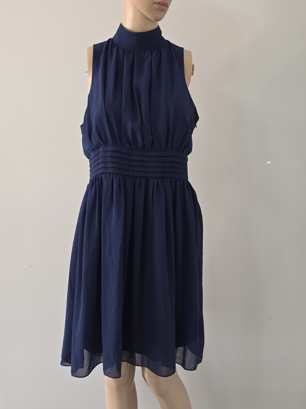 Ya Los Angeles Windy City Navy Halter Midi Dress Sz L Side Zip Lined Chiffon - Picture 6 of 16